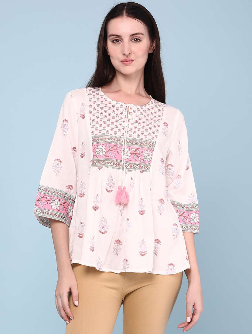 women printed three quarter sleeves a-line top - 22258126 -  Standard Image - 2