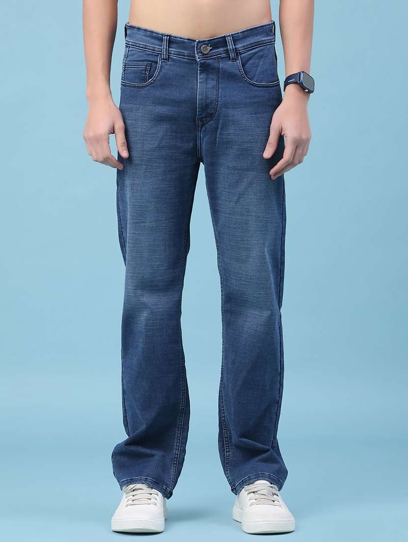 men washed mid rise full length jeans