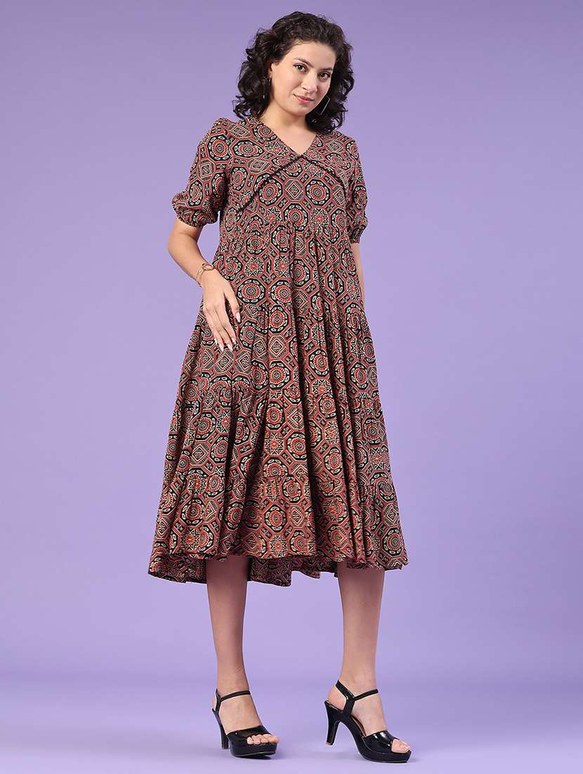 women printed v neck tiered dress - 22258620 -  Standard Image - 2