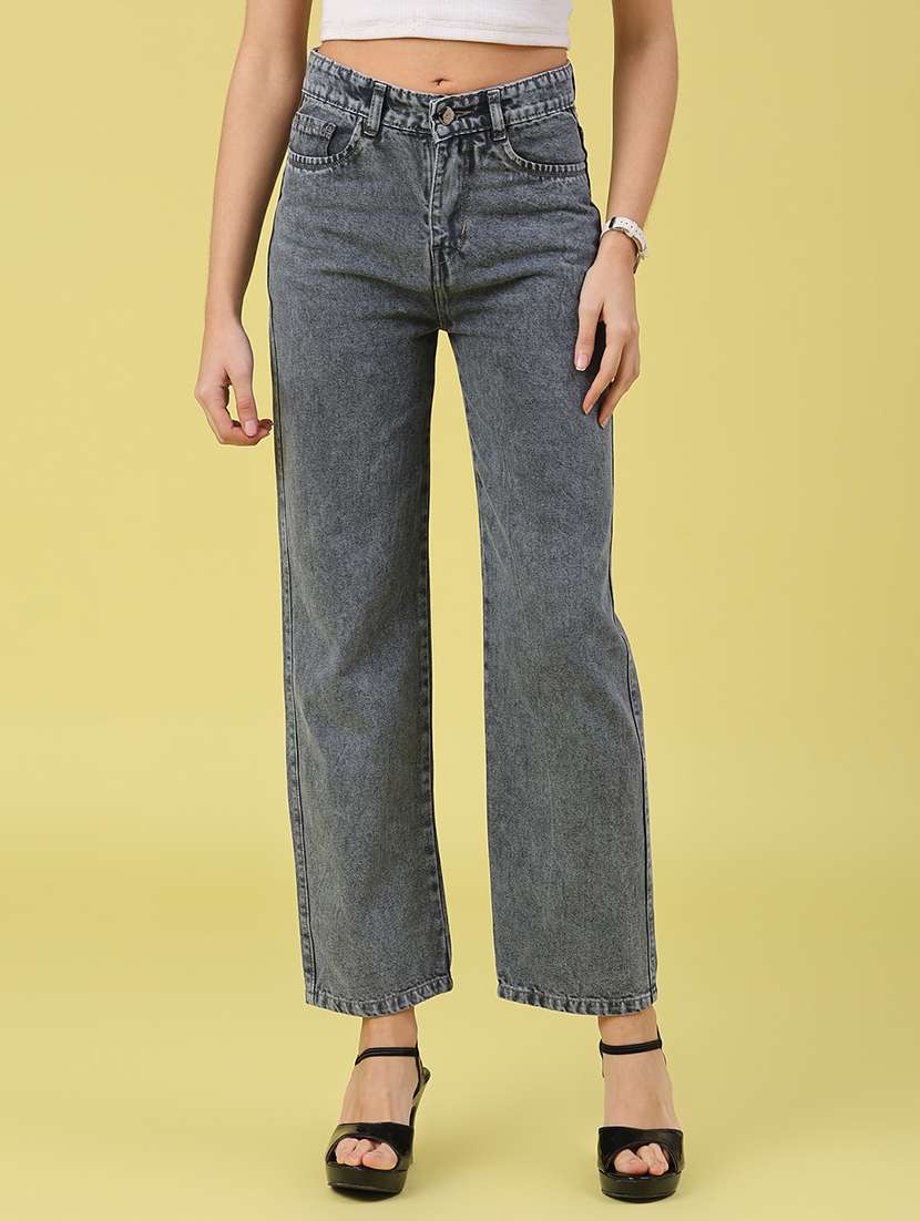 women solid high rise straight jeans