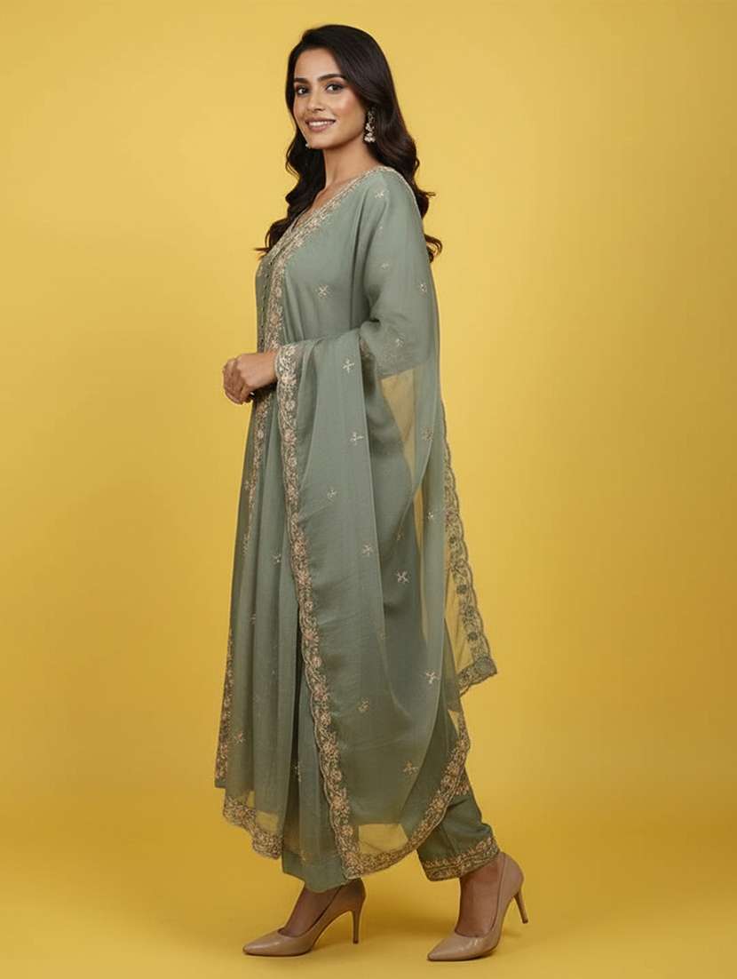 women solid with work three quarter sleeve kurta pant with dupatta set - 22258860 -  Standard Image - 2