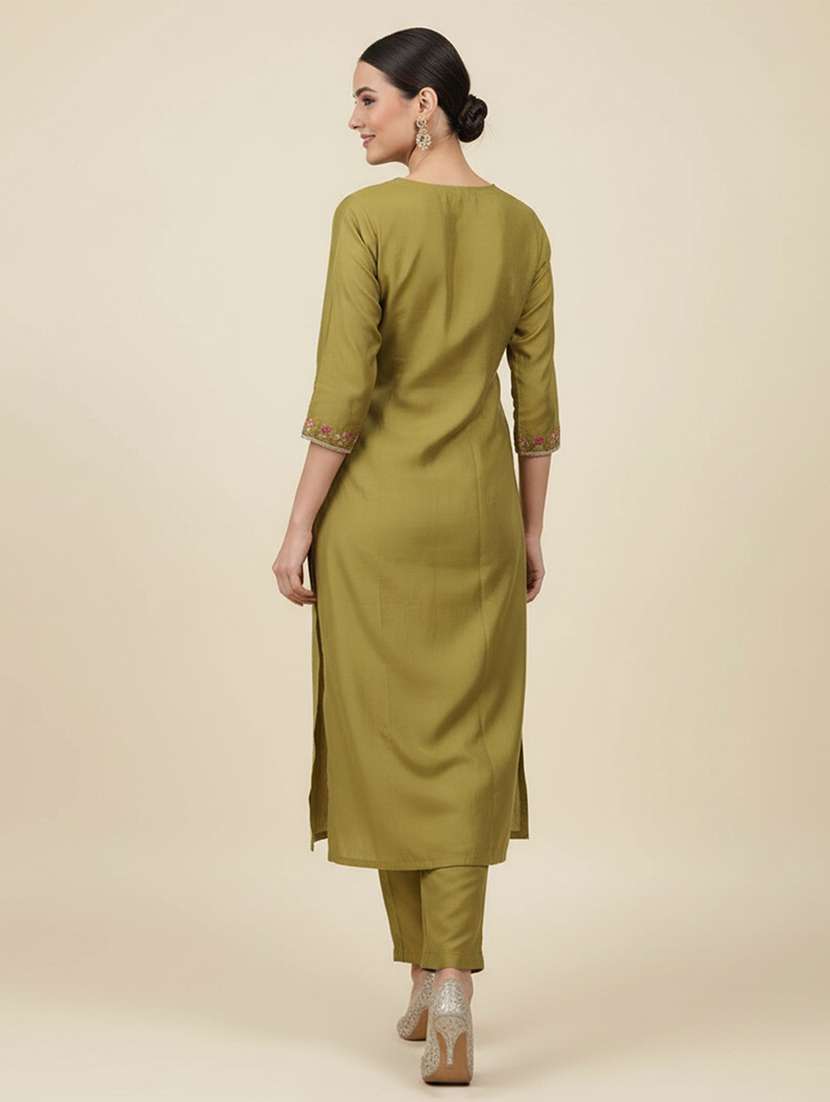women solid with work three quarter sleeve kurta pant with dupatta set - 22258866 -  Standard Image - 2
