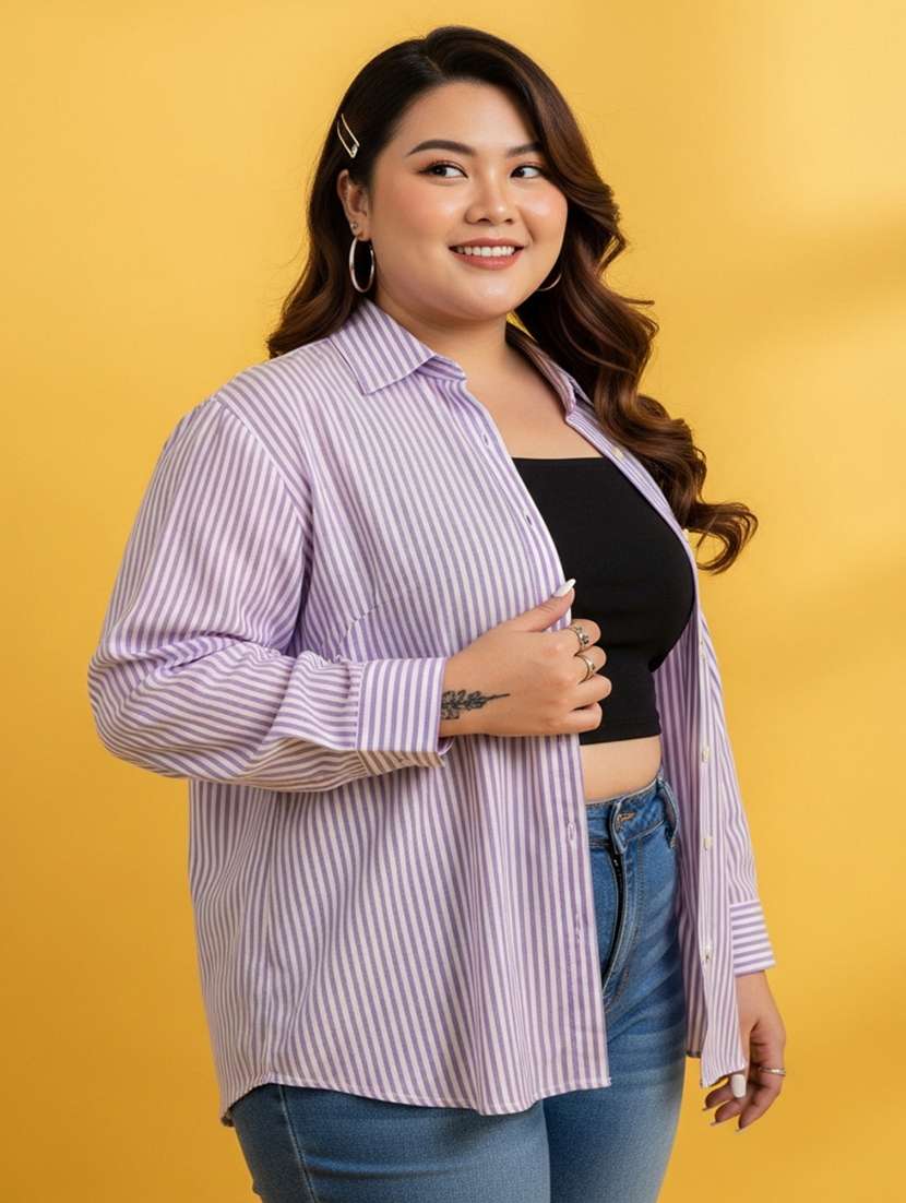 women plus size striped long sleeve collared shirt - 22258887 -  Standard Image - 2