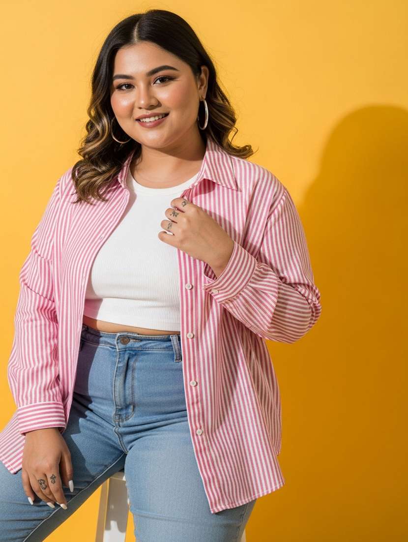 women plus size striped long sleeve collared shirt