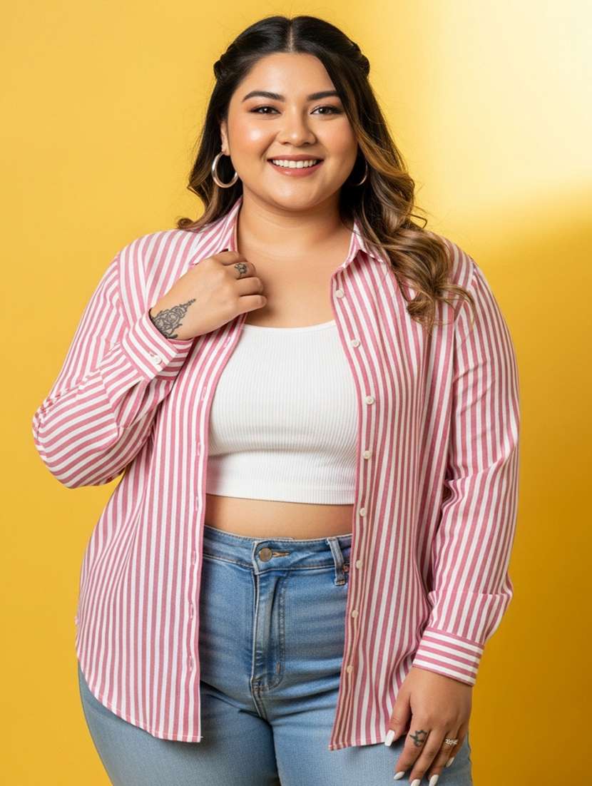 women plus size striped long sleeve collared shirt - 22258889 -  Standard Image - 2