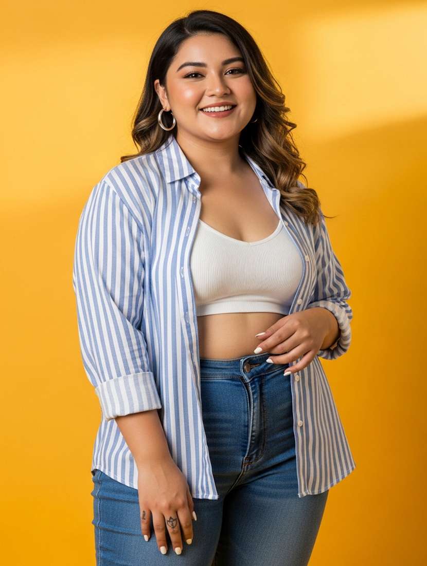 women plus size striped long sleeve collared shirt - 22258890 -  Standard Image - 2