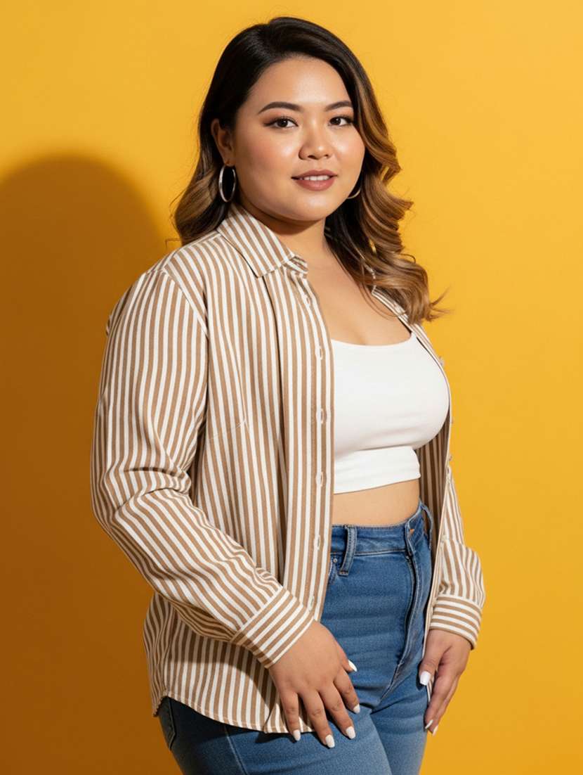 women plus size striped long sleeve collared shirt - 22258892 -  Standard Image - 2