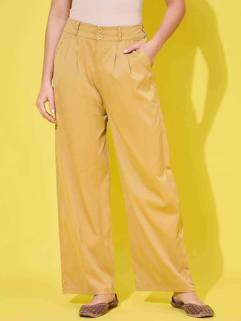 women solid high rise wide leg trouser