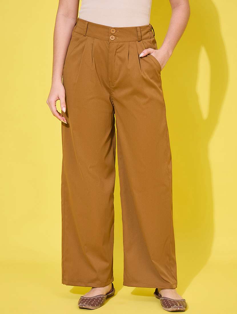 women solid high rise wide leg trouser