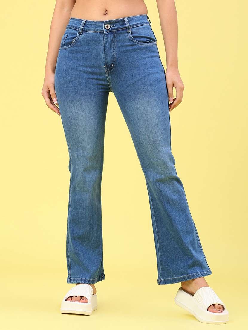 women washed high rise bootcut jeans