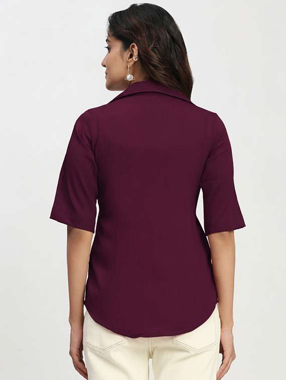 women solid lapel neck short sleeve top - 22259260 -  Standard Image - 2