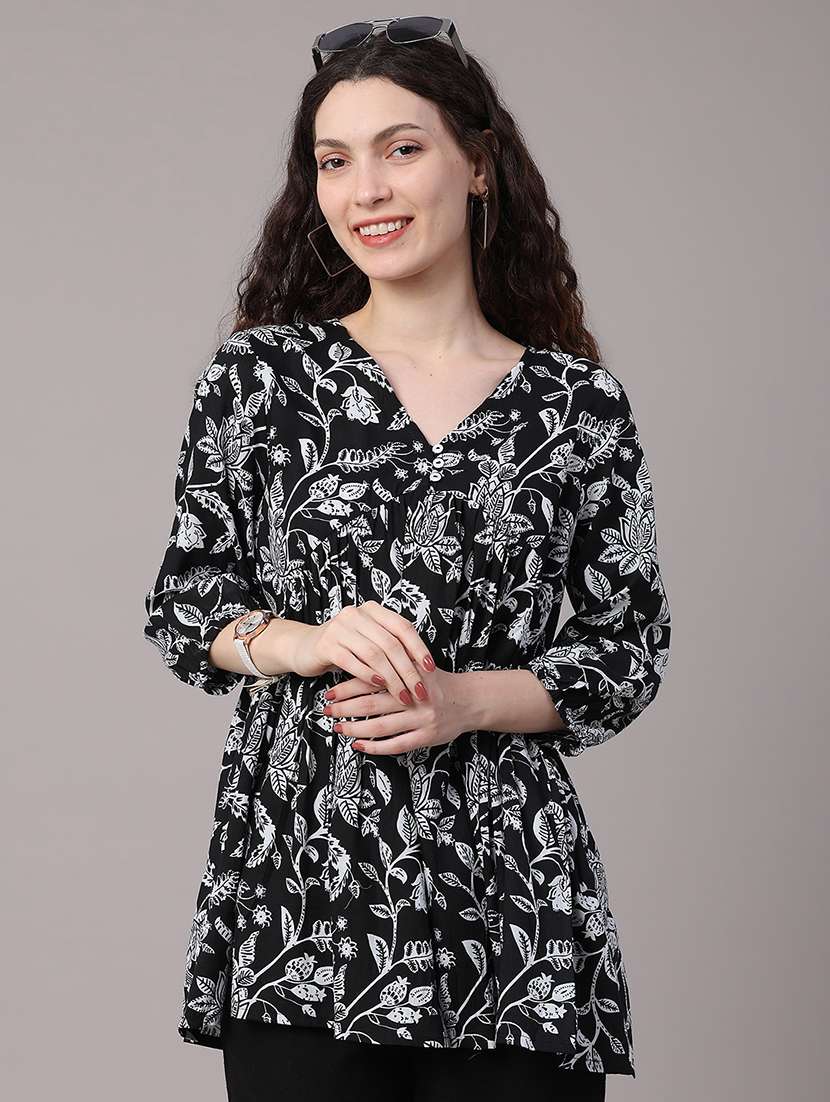 women printed three quarter sleeves flared tunic - 22259289 -  Standard Image - 2