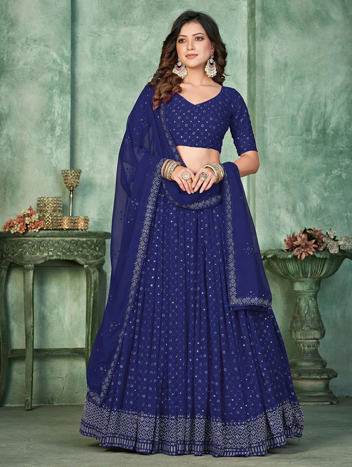 women solid with work semi stitched flared lehenga