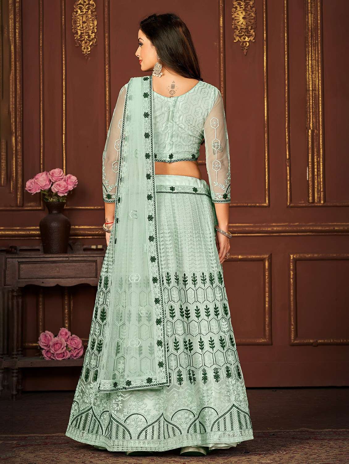 women solid with work semi stitched flared lehenga - 22260714 -  Standard Image - 2