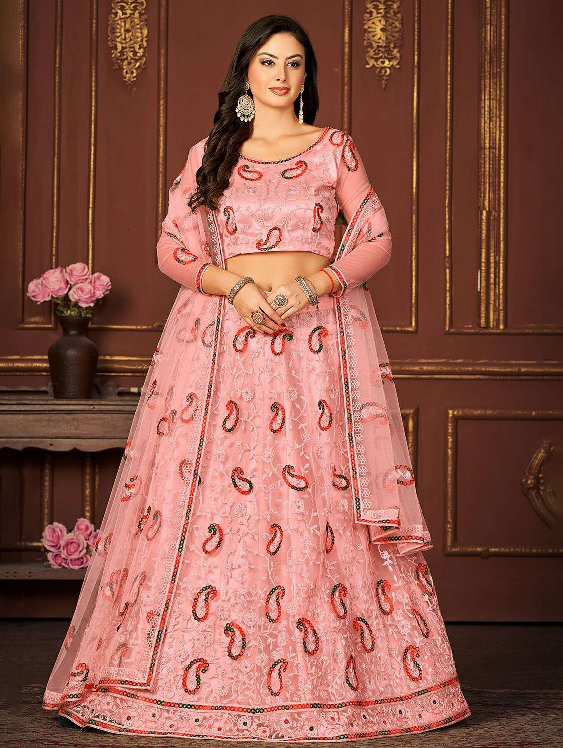 women solid with work semi stitched flared lehenga