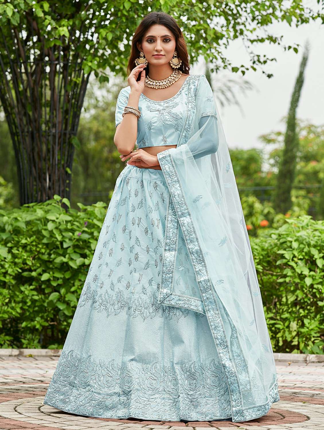 women solid with work semi stitched flared lehenga
