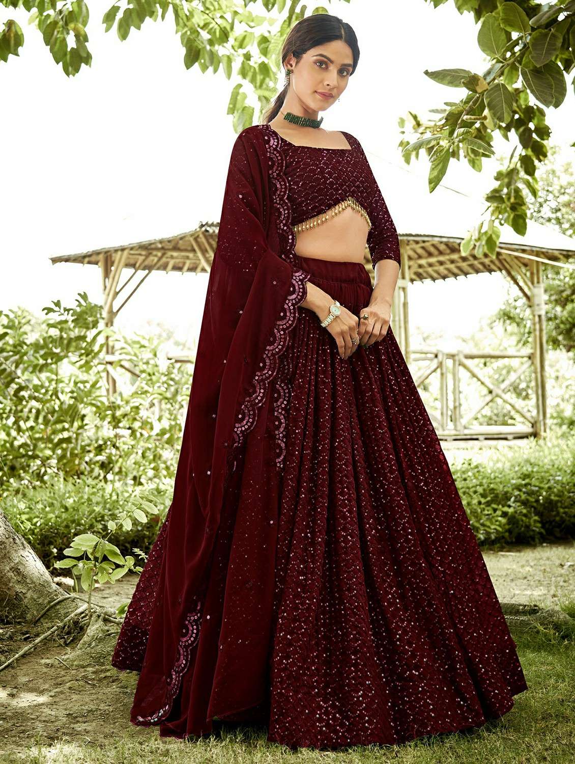 women solid with work semi stitched flared lehenga