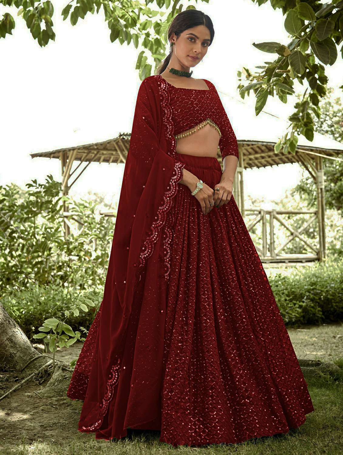 women solid with work semi stitched flared lehenga