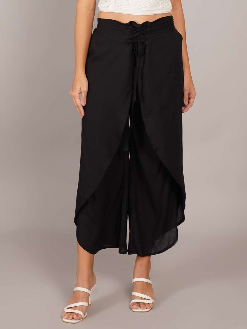 women black solid mid rise ruffle palazzo