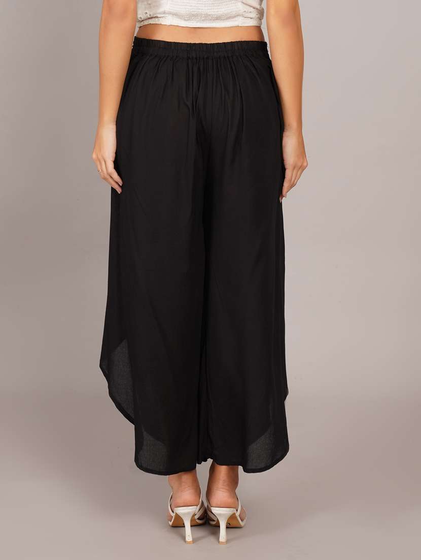 women black solid mid rise ruffle palazzo - 22260737 -  Standard Image - 2