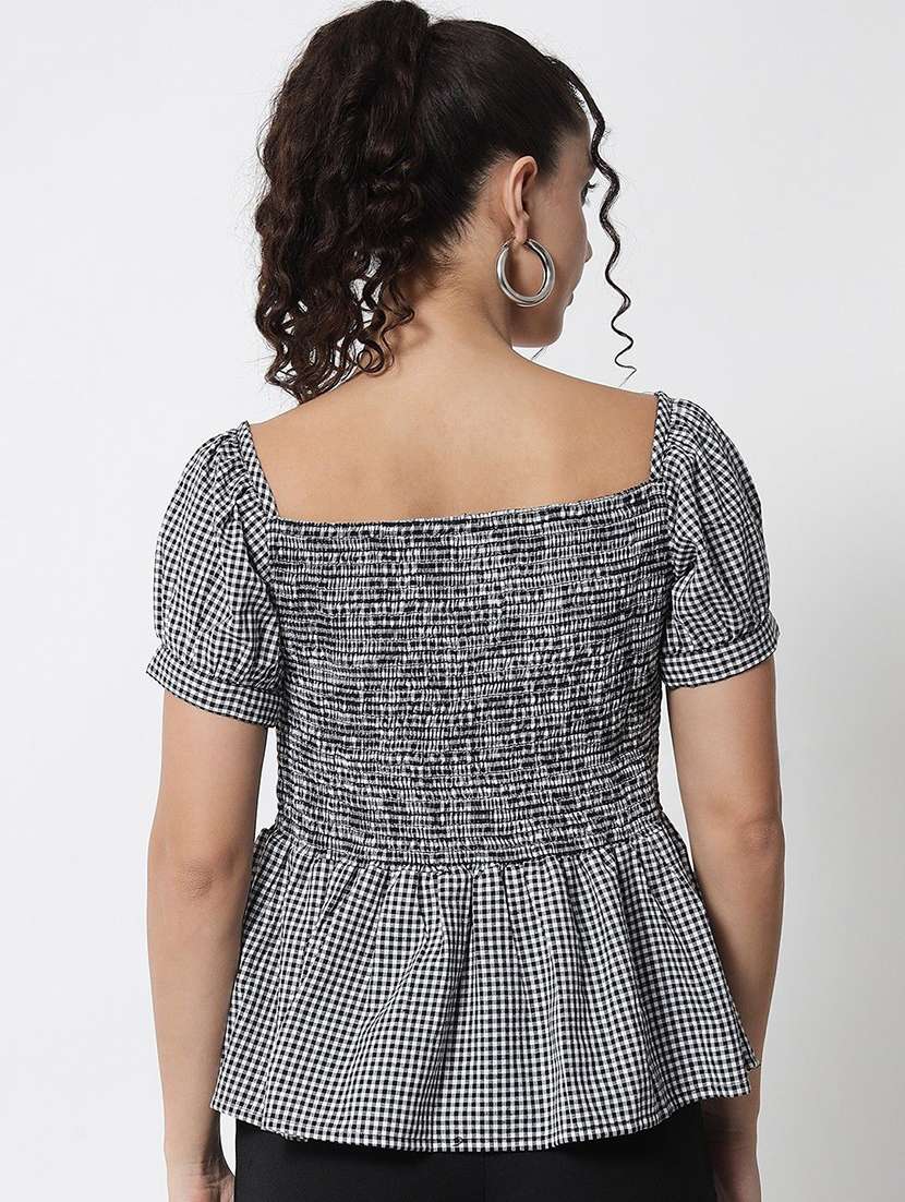 women checkered puff sleeve peplum top - 22260741 -  Standard Image - 2
