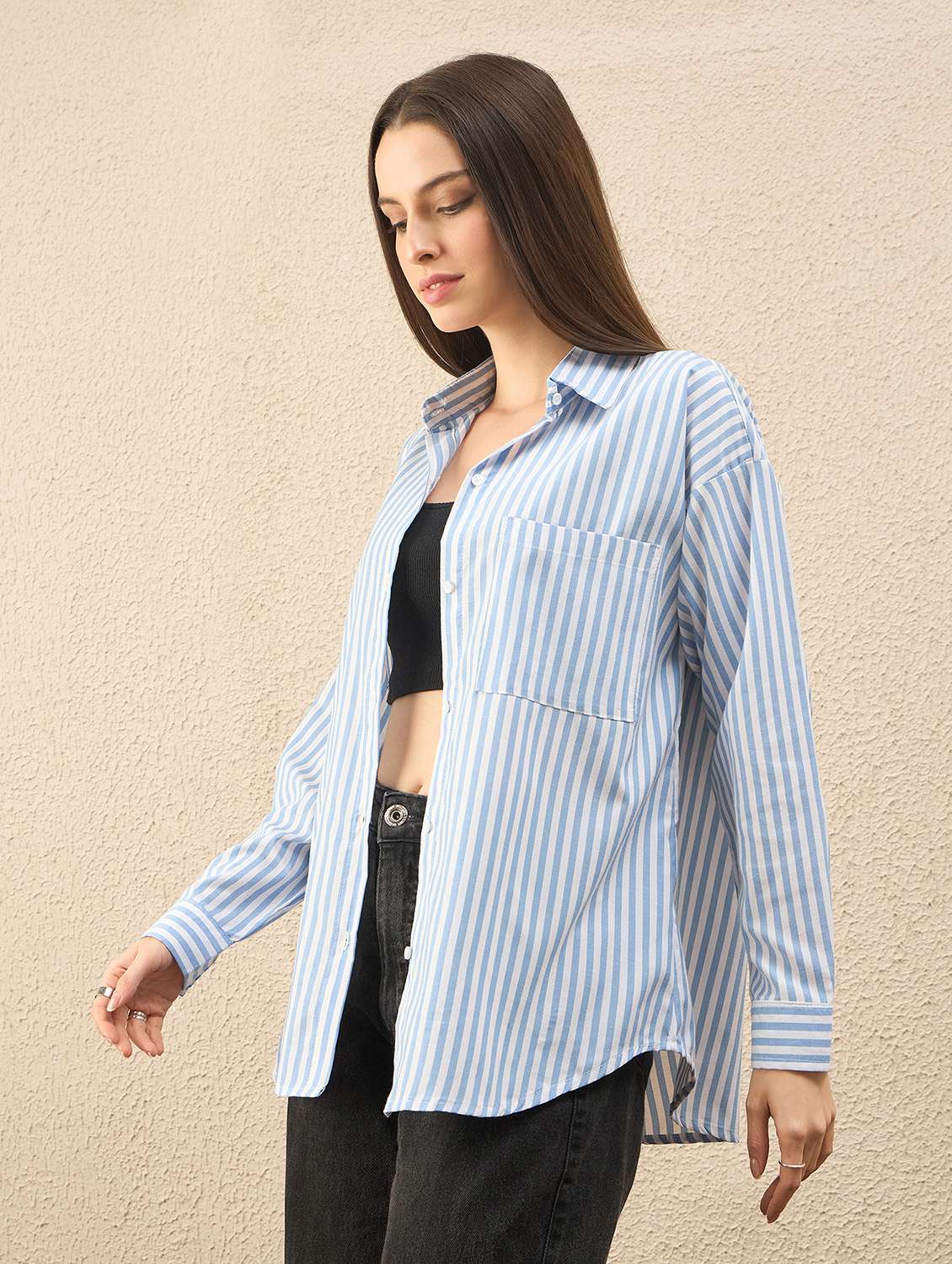 women striped collared long sleeve oversized shirt - 22260745 -  Standard Image - 2