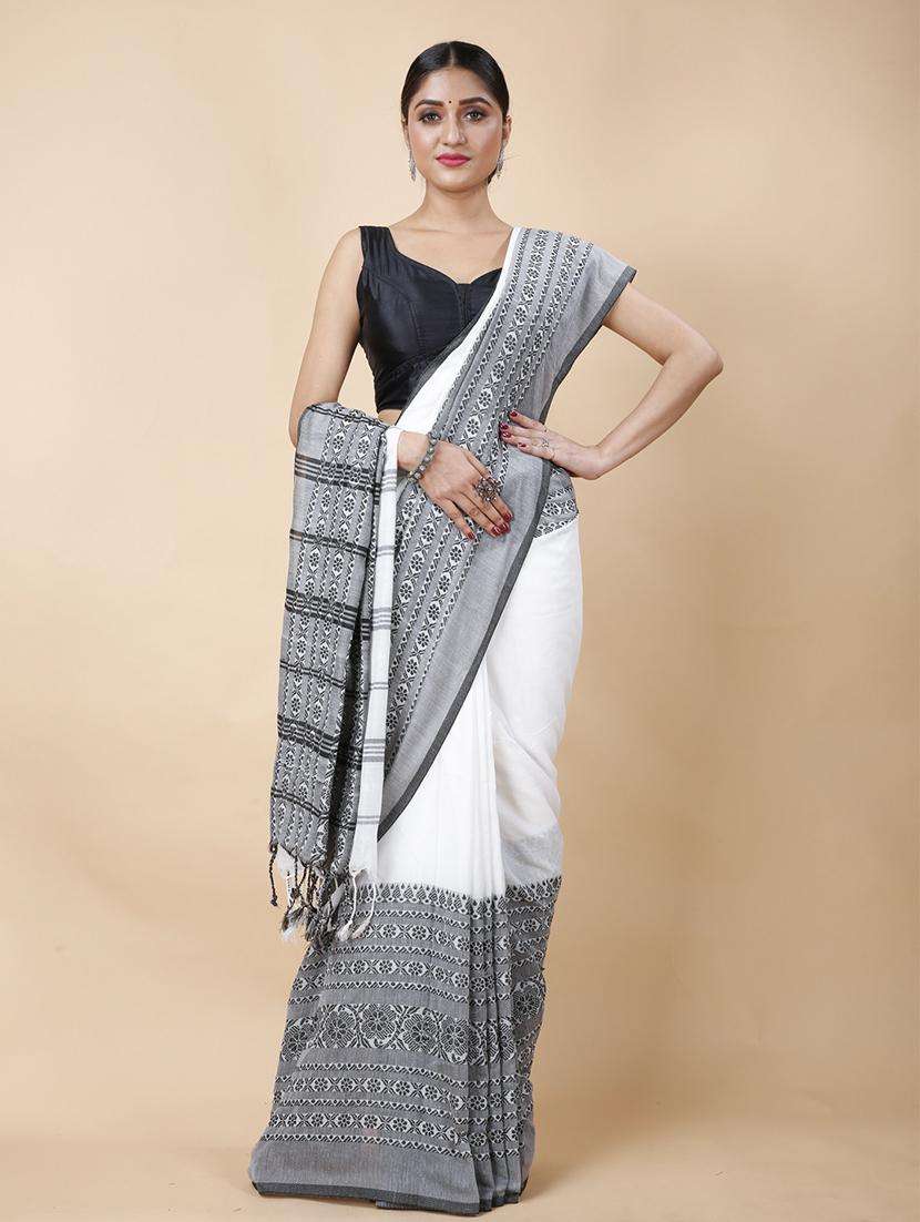 women solid with bordered handloom saree - 22260777 -  Standard Image - 2