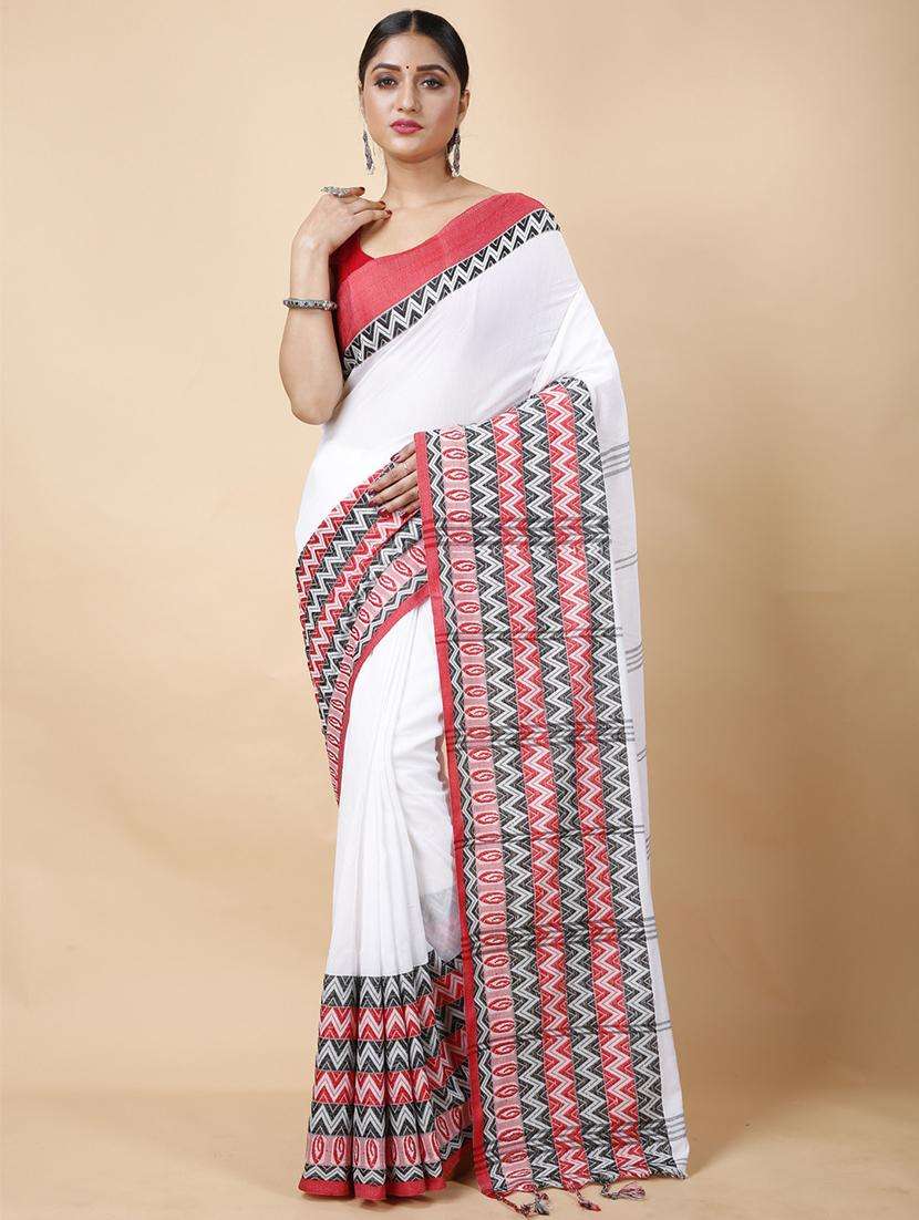 women solid with bordered handloom saree