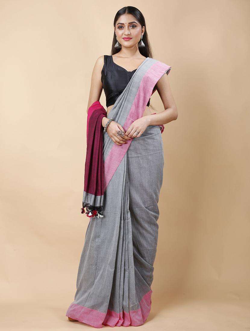 women solid with bordered handloom saree - 22260797 -  Standard Image - 2