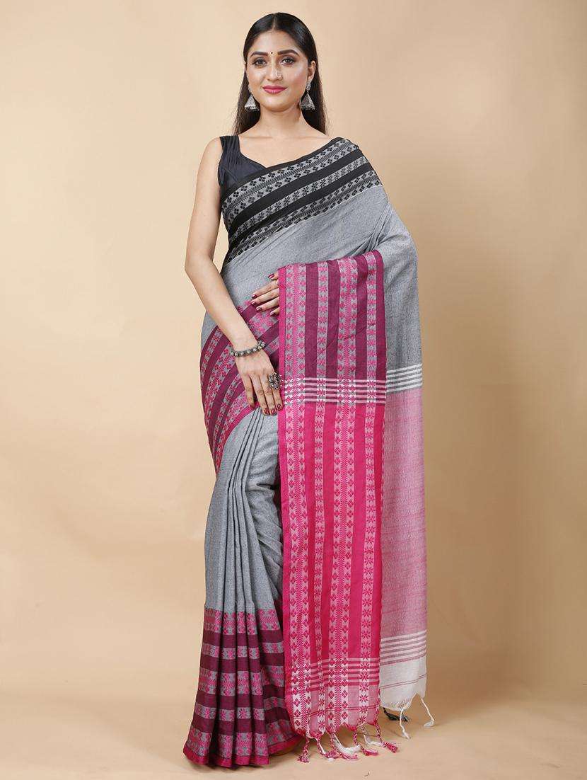 women solid with bordered handloom saree - 22260803 -  Standard Image - 2