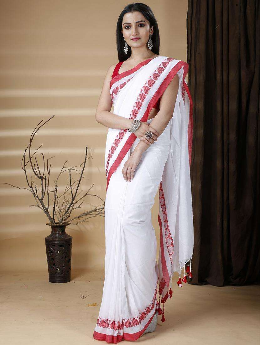 women solid with bordered handloom saree - 22261155 -  Standard Image - 2