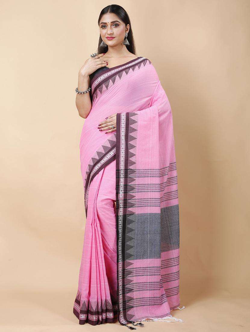 women solid with bordered handloom saree - 22261227 -  Standard Image - 2