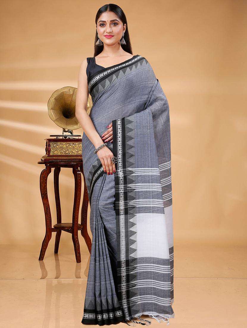 women solid with bordered handloom saree