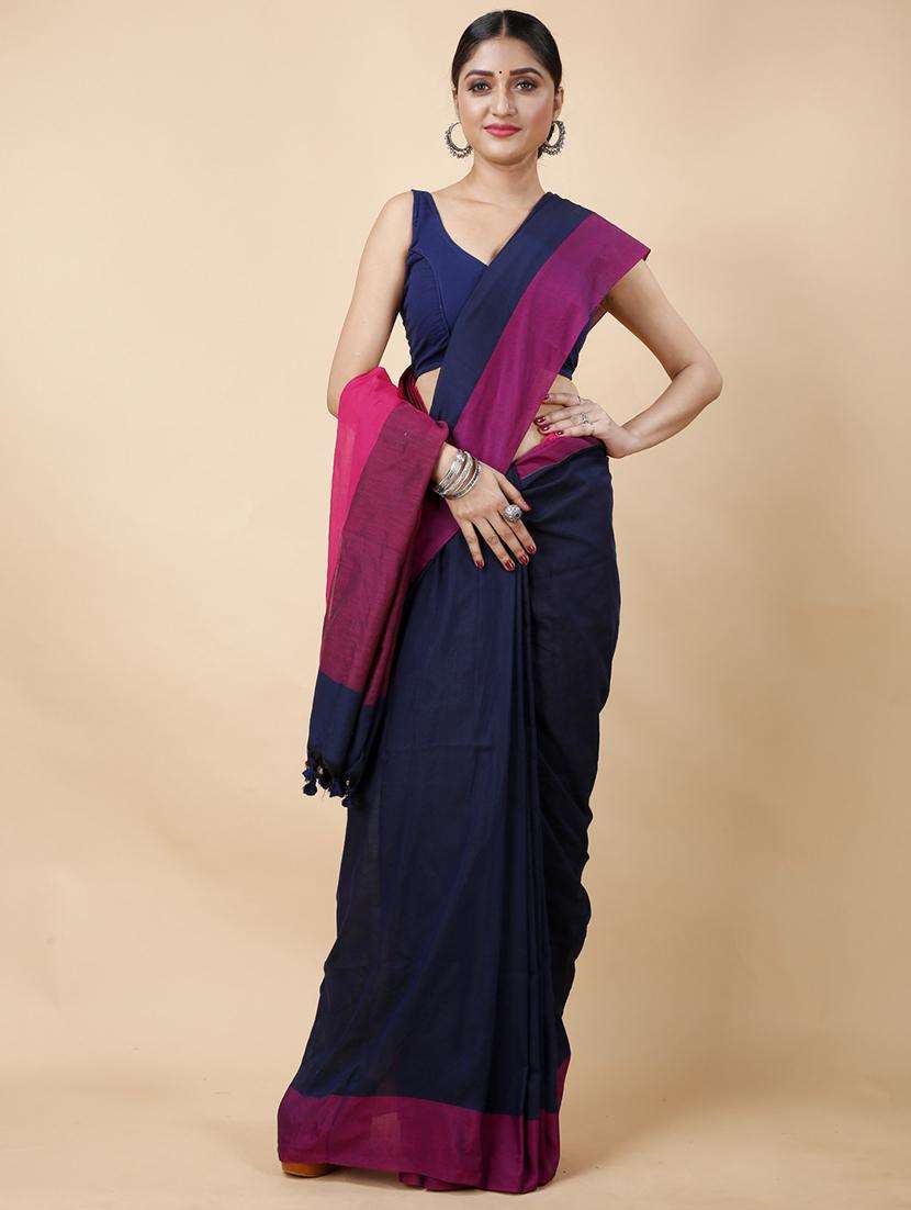 women solid with bordered handloom saree - 22261544 -  Standard Image - 2
