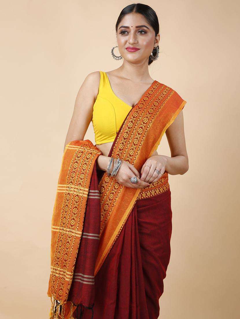 women solid with bordered handloom saree with blouse - 22262142 -  Standard Image - 2