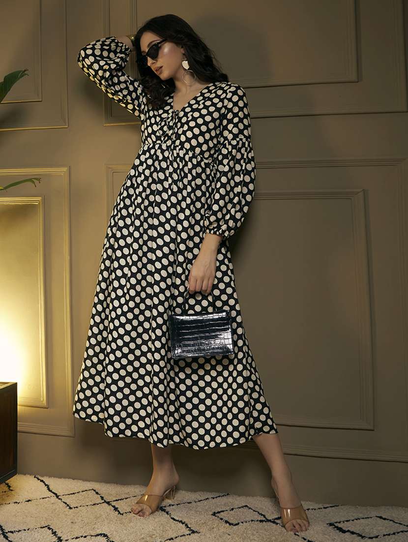 women polka dot printed puff sleeve maxi dress
