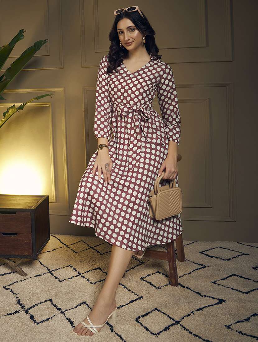 women polka dot printed puff sleeve fit & flare dress