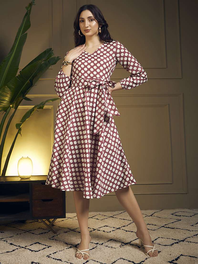 women polka dot printed puff sleeve fit & flare dress - 22263399 -  Standard Image - 2