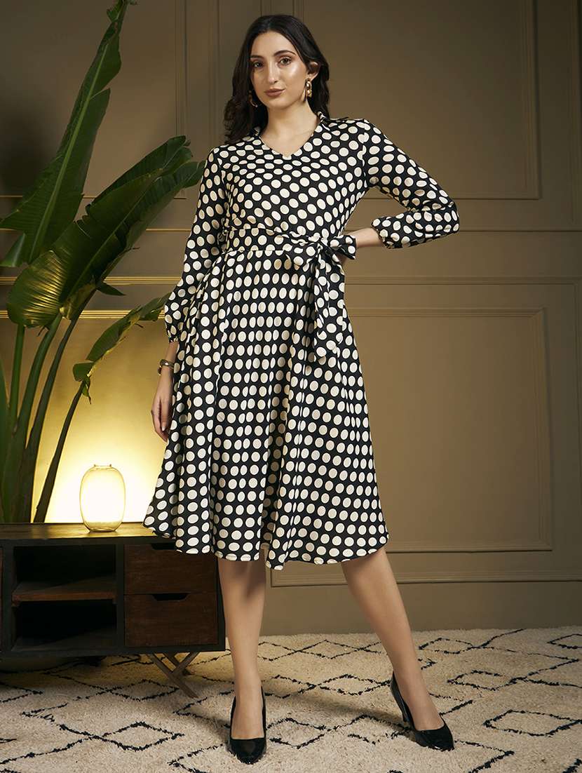 women polka dot printed puff sleeve fit & flare dress - 22263400 -  Standard Image - 2