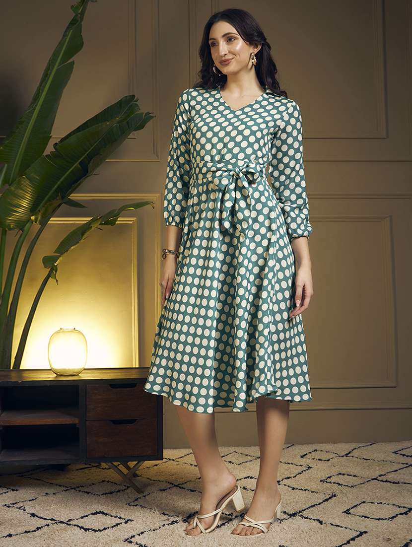 women polka dot three quarter sleeve fit & flare dress - 22263401 -  Standard Image - 2