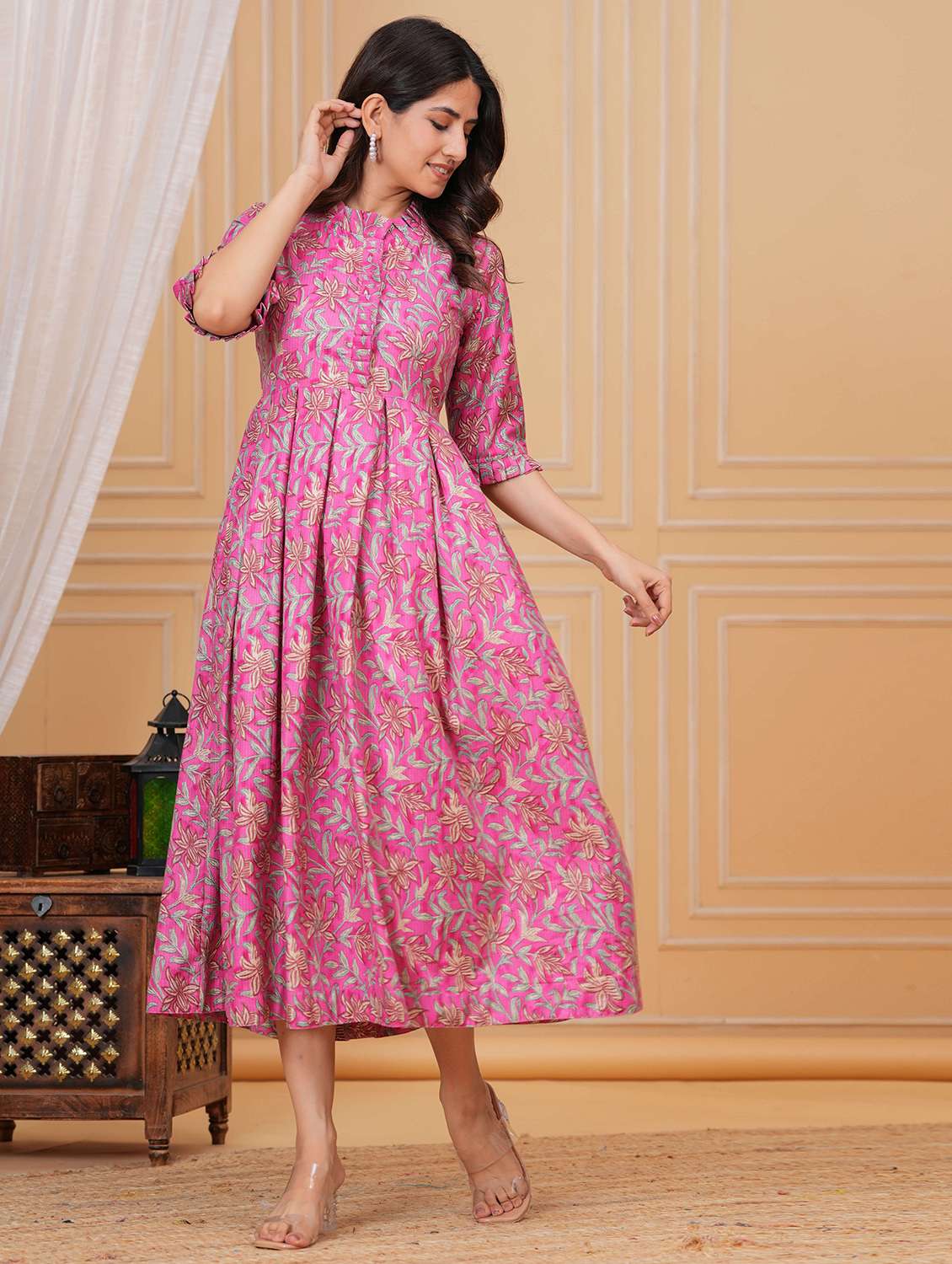 women floral three quarter sleeve fit & flare ethnic dress - 22263402 -  Standard Image - 2