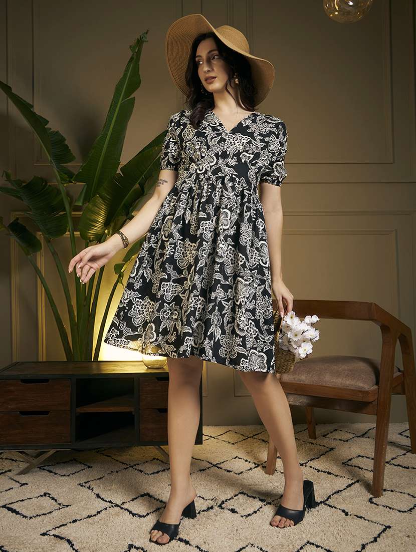 women floral puff sleeve fit & flare dress