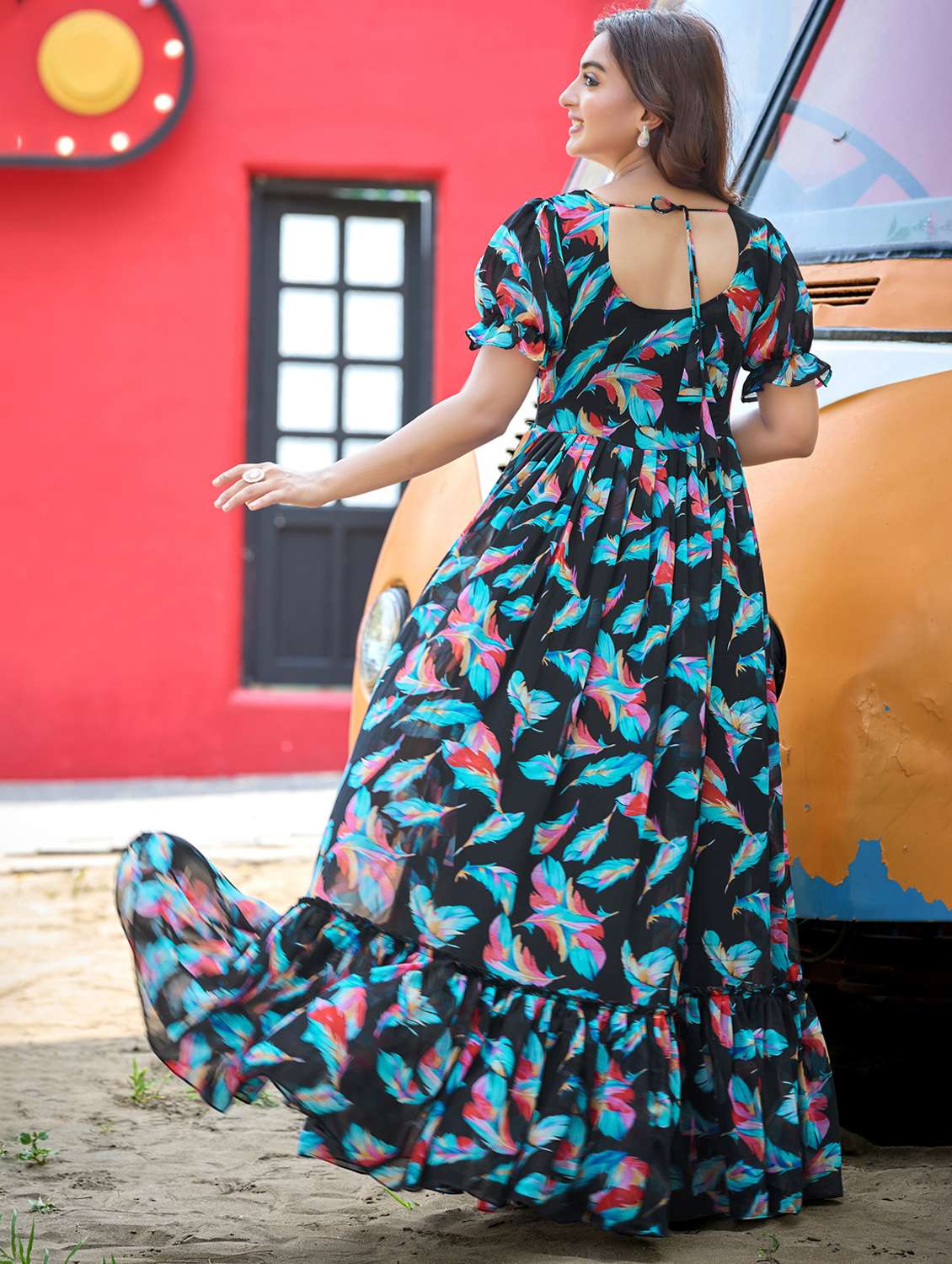 women printed puff sleeve tiered dress - 22263407 -  Standard Image - 2