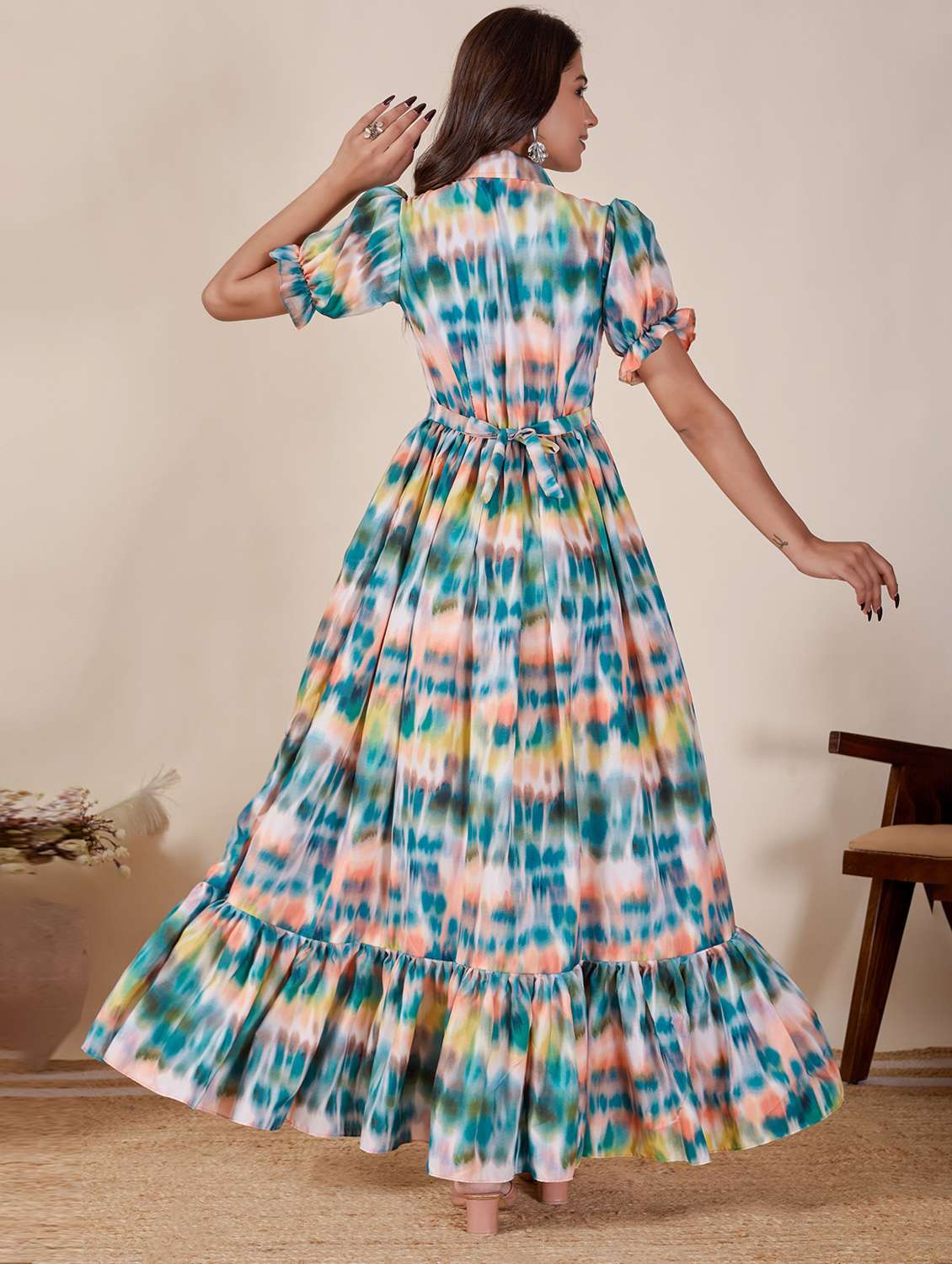 women printed puff sleeve tiered dress - 22263408 -  Standard Image - 2