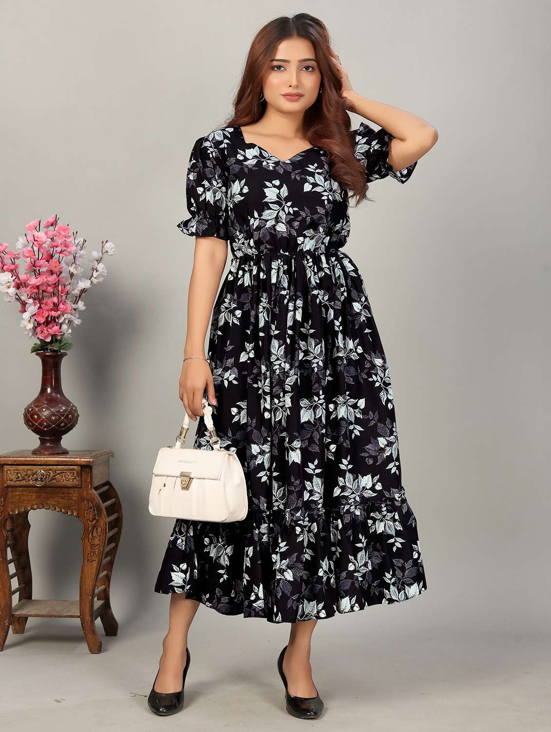 women printed puff sleeve tiered dress