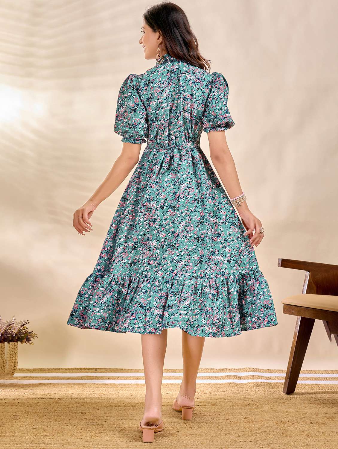 women printed puff sleeve tiered dress - 22263410 -  Standard Image - 2