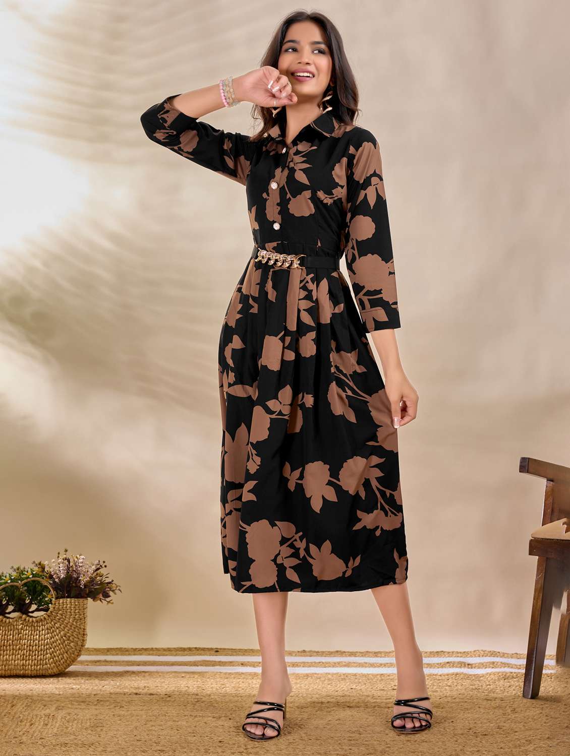 women printed three quarter sleeve fit & flare dress - 22263411 -  Standard Image - 2