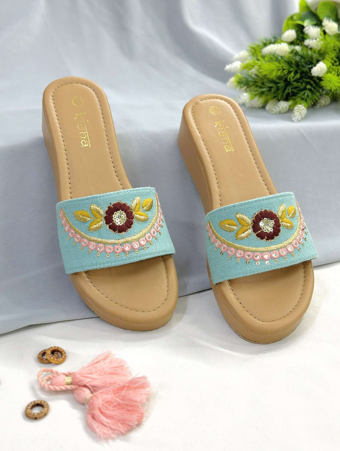 women embroidered slip on platform wedges