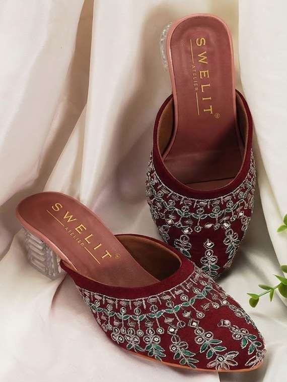 women embroidered block heel mules