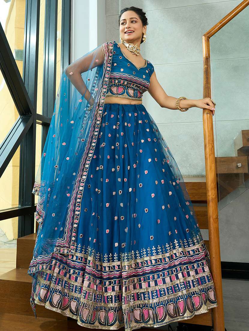 women solid with work semi stitched flared lehenga - 22263483 -  Standard Image - 2